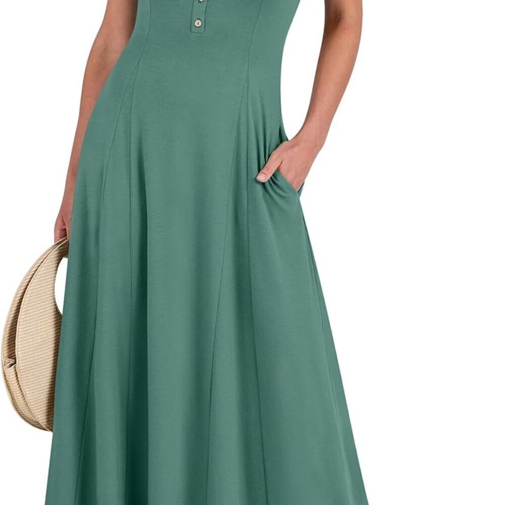 Women Summer Maxi Dress Flowy A-Line Beach Casual Sundress Button Up